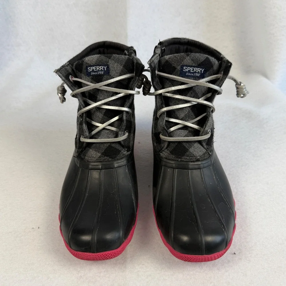 Sperry‎ Saltwater Plaid Duck Boots Black Pink Waterproof Zip Side Kids Size 4
